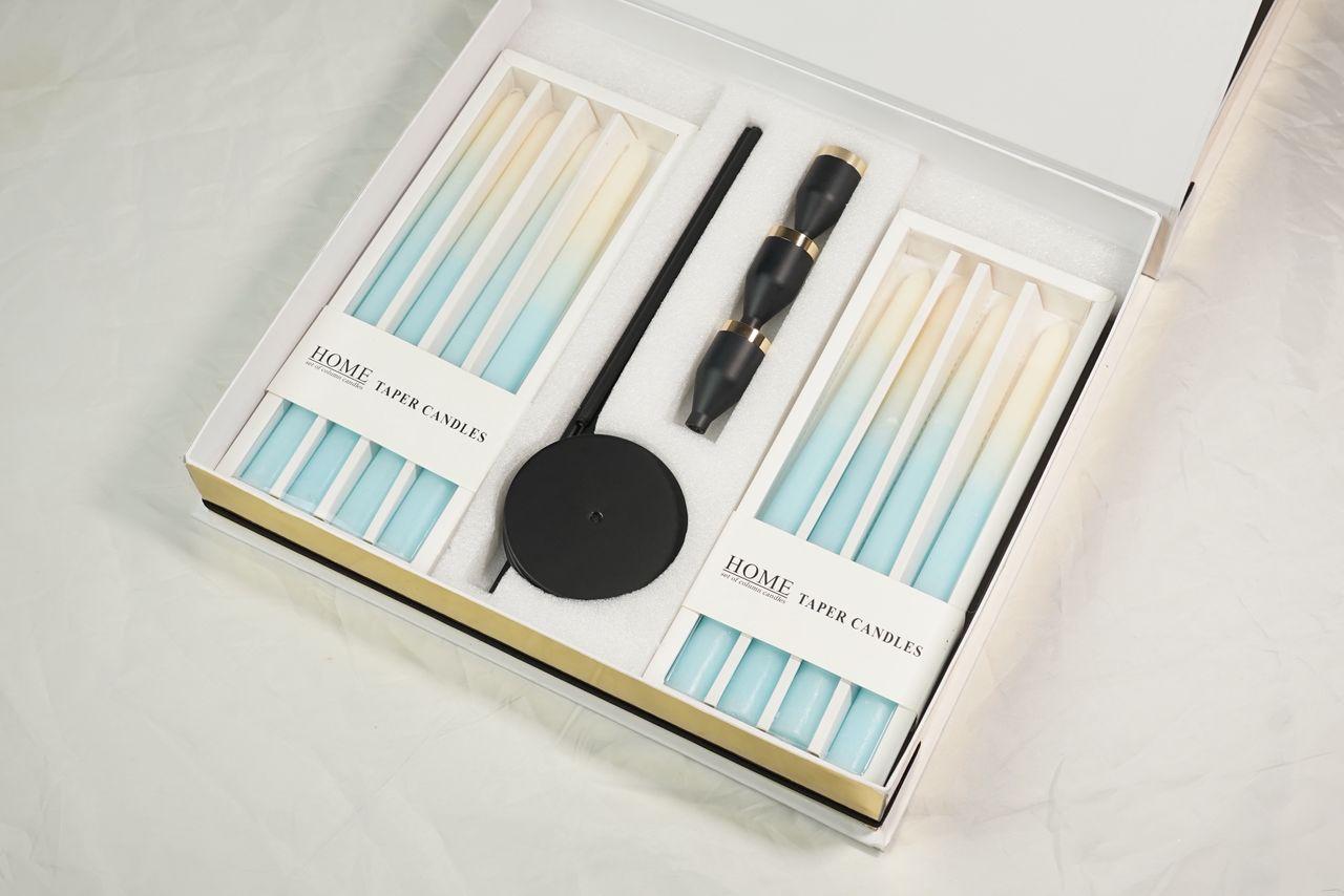 Blue & White Candle Gift Set with Candlestick Holder