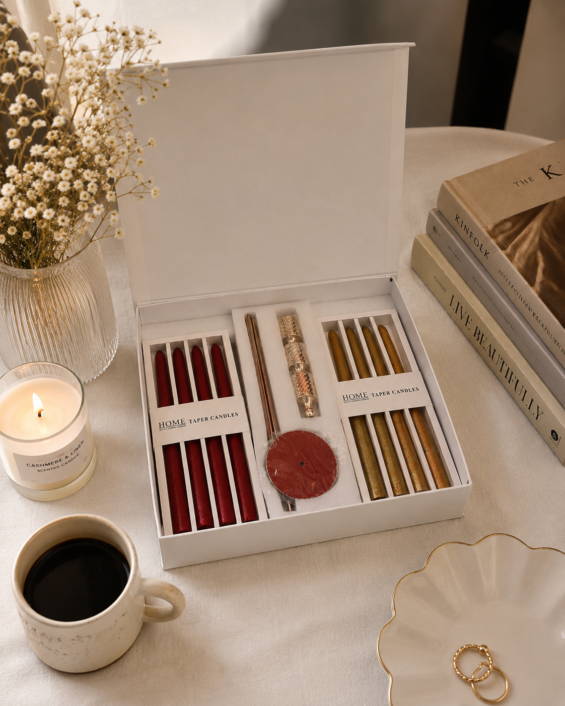 Gold and Red Taper Candles Gift Set